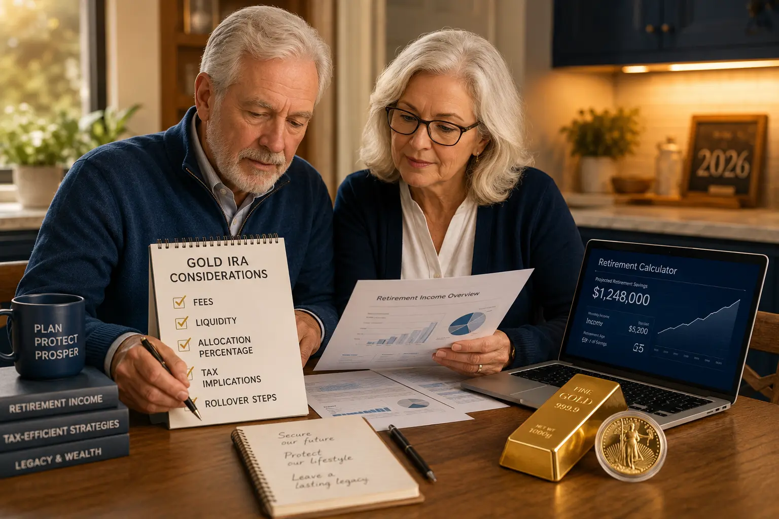 Retirement couple reviewing financial documents and Gold IRA considerations at a kitchen table