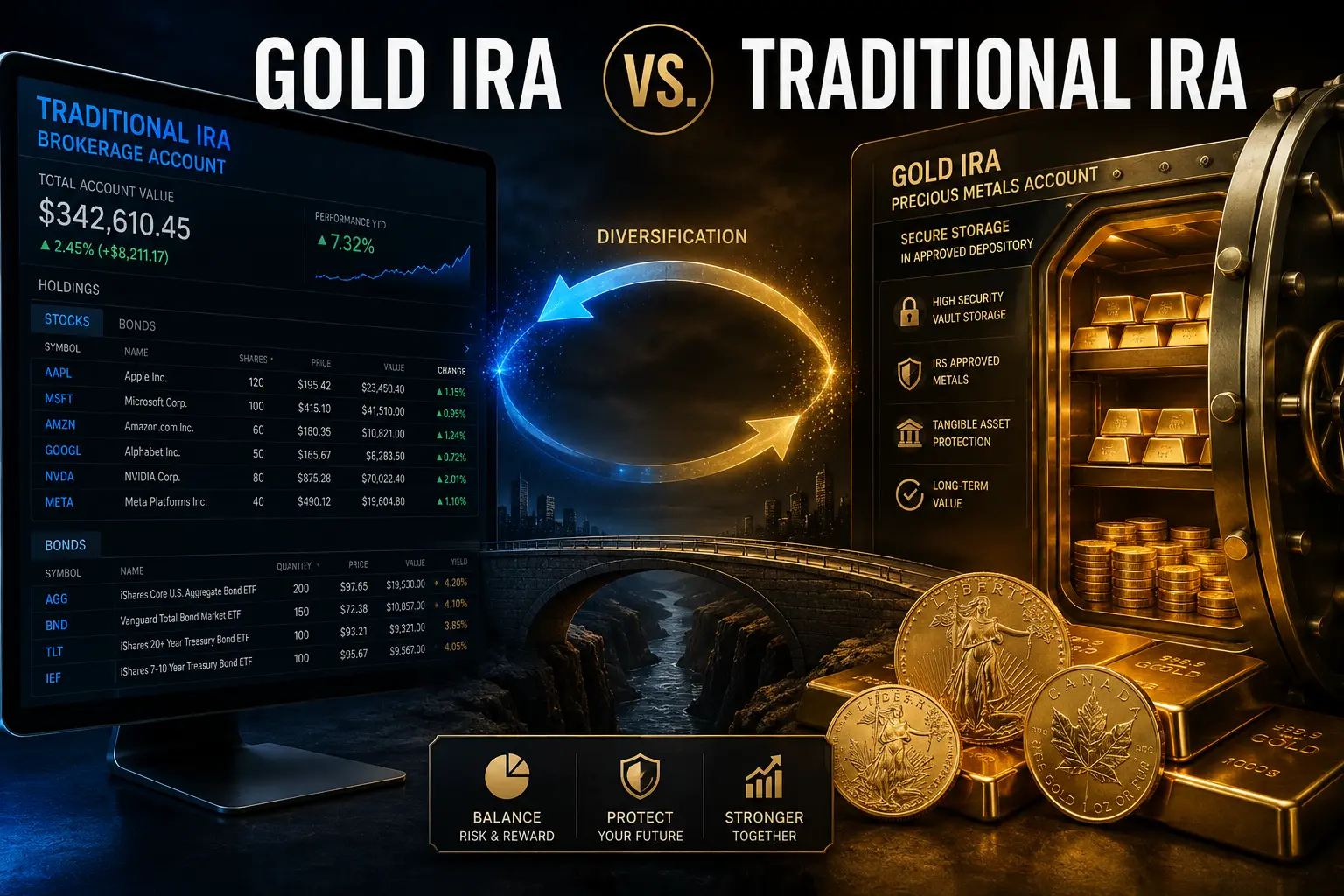 Gold IRA versus traditional IRA brokerage account comparison showing stocks, bonds, metals, and secure storage