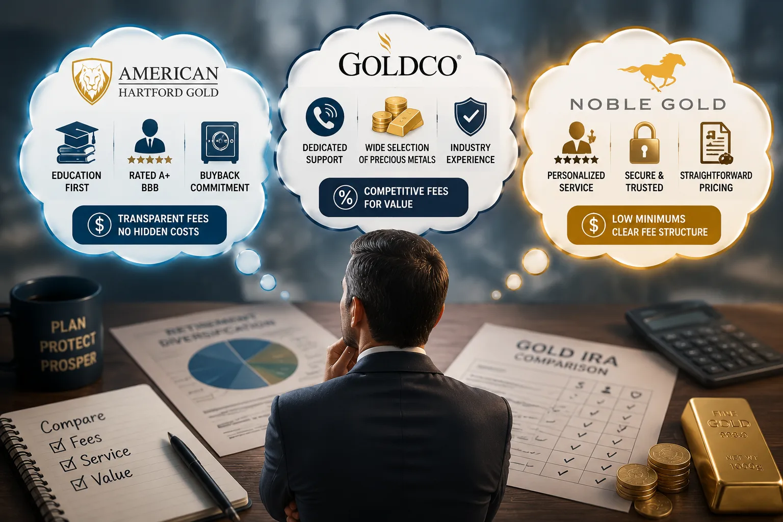 Comparing American Hartford Gold, Goldco, and Noble Gold fees side by side