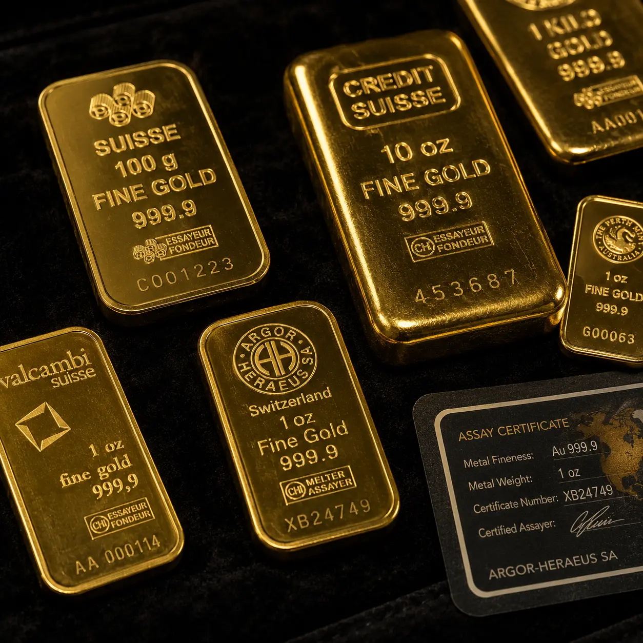 Close-up of various gold bars in common investment sizes