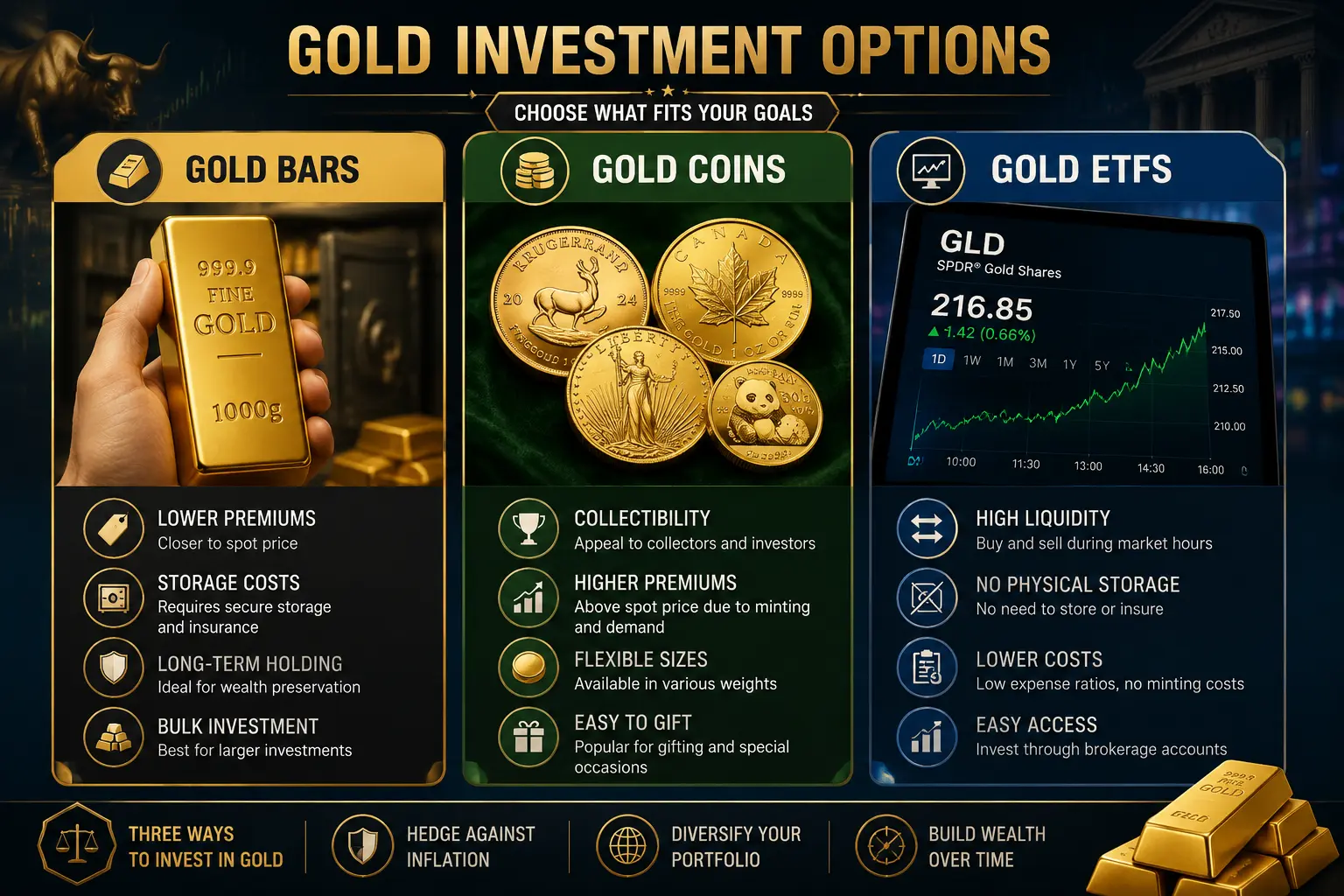 Gold investment options comparison: gold bars, gold coins, ETFs, and Gold IRAs