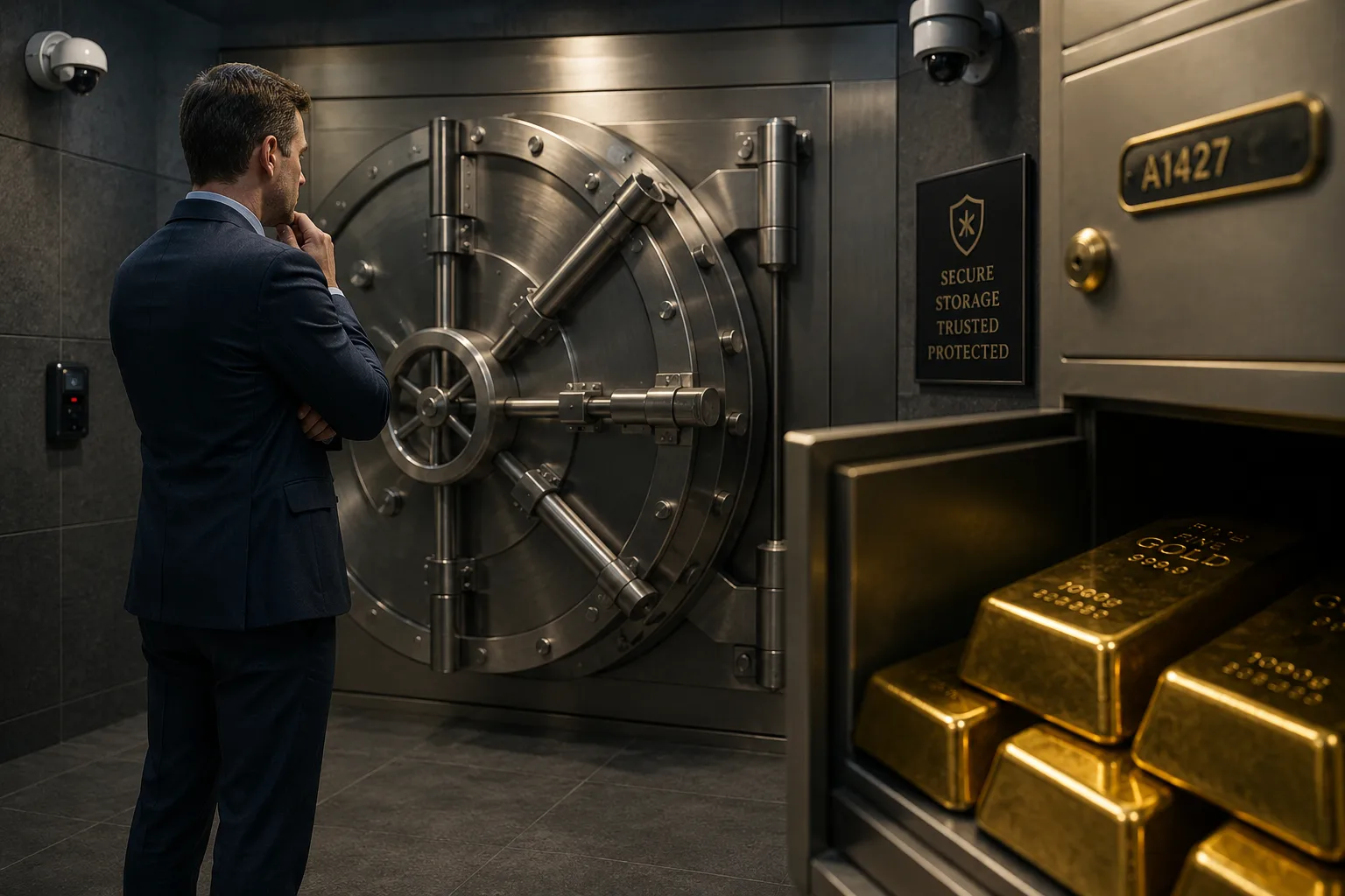 Investor evaluating security measures for gold bar storage