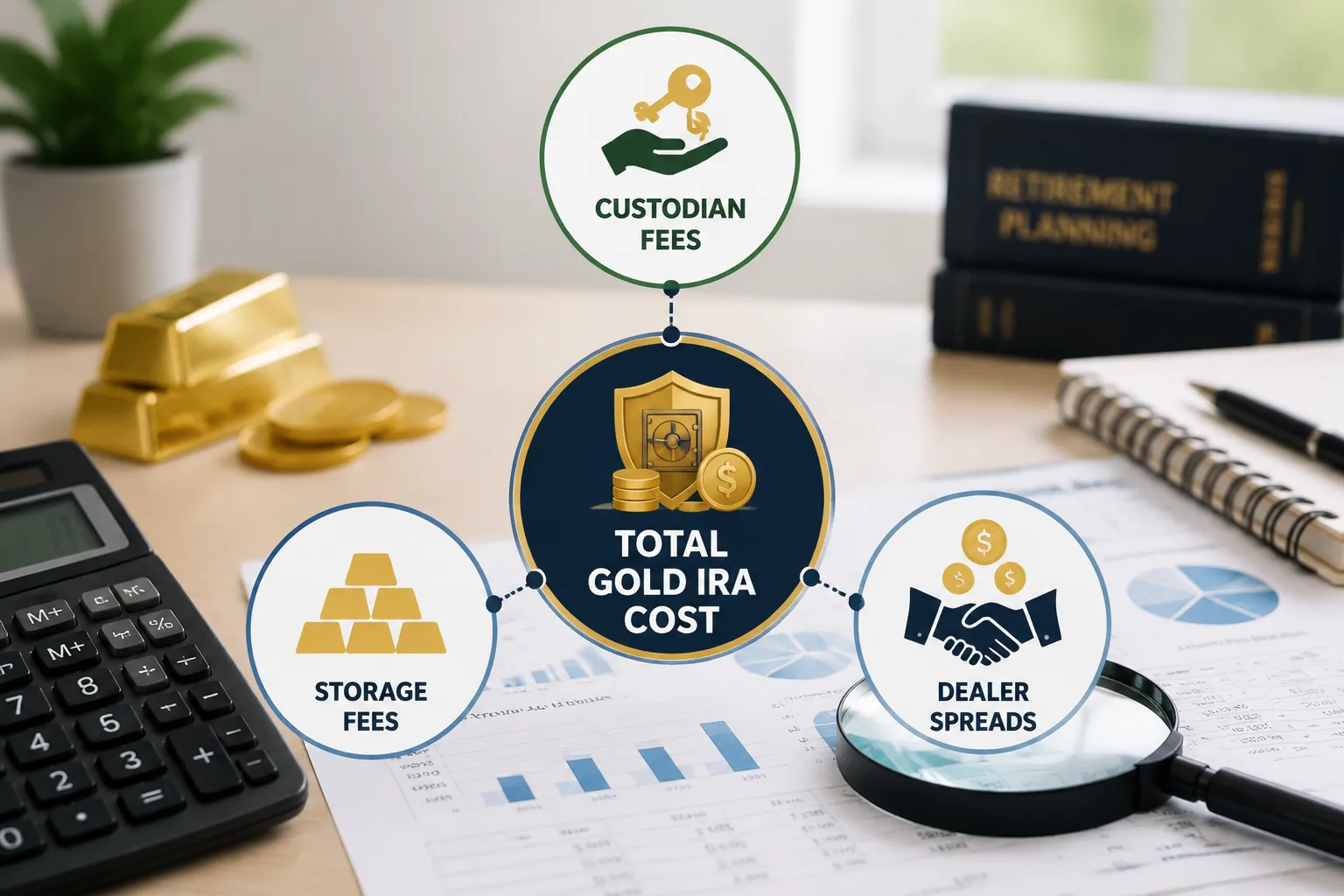 Comparison of Gold IRA fee components — administration fees, storage fees, dealer markup, and buyback discount — showing how each component contributes to total cost