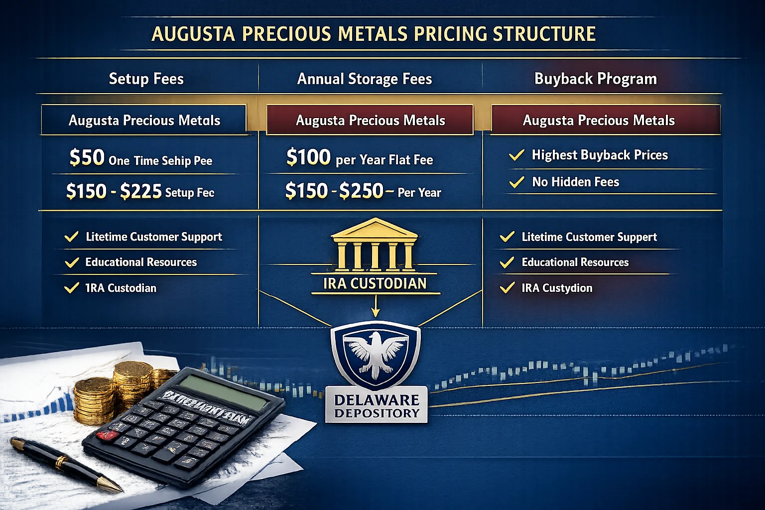 Augusta Precious Metals pricing structure — $50 custodian application setup, $125 annual custodian maintenance, $100 annual storage, plus bullion markup of approximately 5% on standard coins
