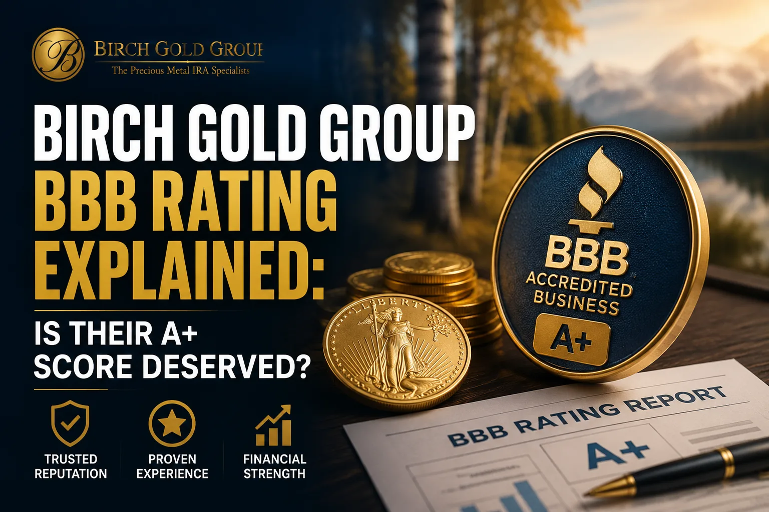 Birch Gold Group BBB Rating Explained — Is Their A+ Score Deserved? Hero image showing Birch Gold Group branding, gold coins, and the BBB Accredited Business A+ badge