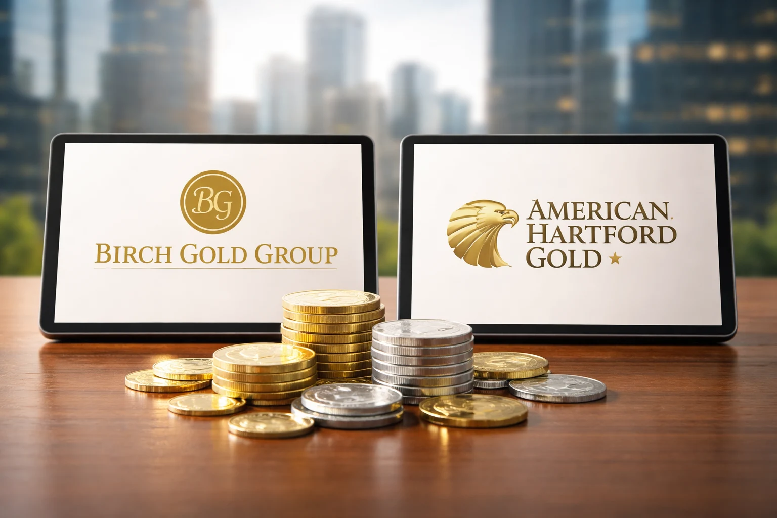 Birch Gold Group vs American Hartford Gold — branded tablets with diversified gold and silver coin stack