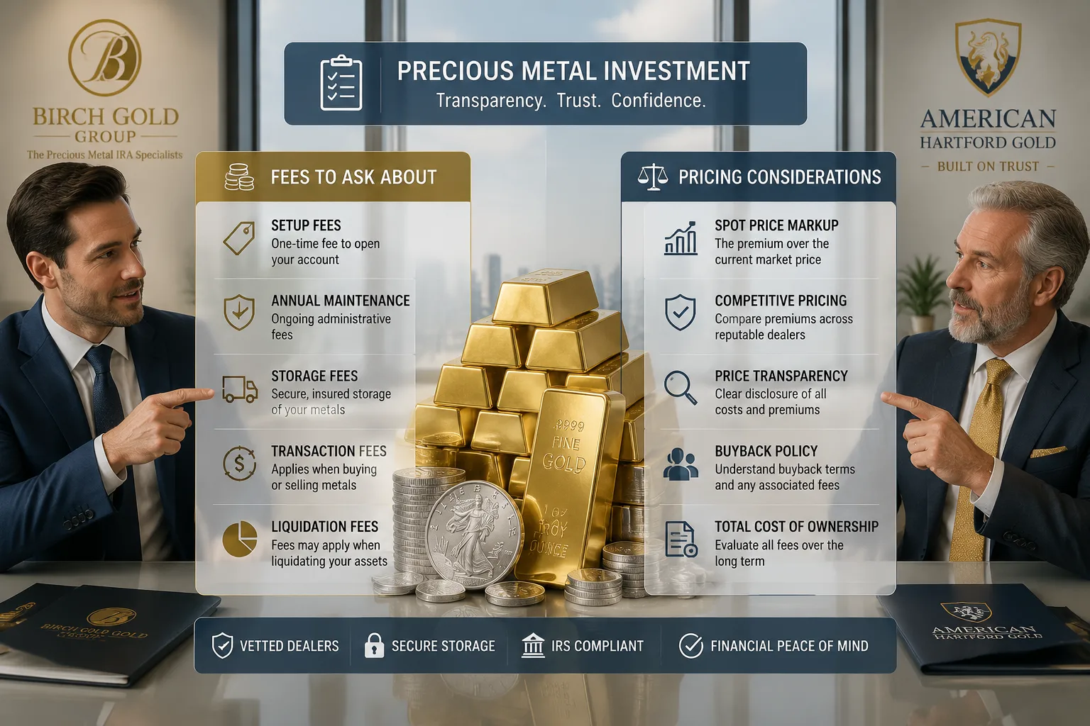 Precious metals investment fees and pricing considerations — setup fees, annual maintenance, storage fees, transaction fees, liquidation fees, spot price markup, competitive pricing, price transparency, buyback policy, and total cost of ownership