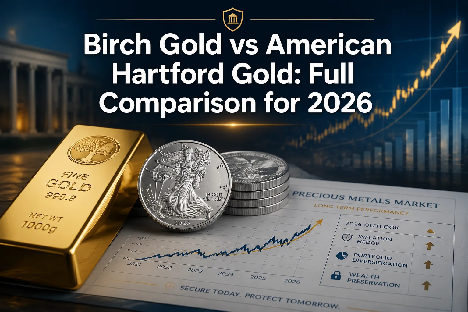 Birch Gold vs American Hartford Gold: Full Comparison for 2026 — gold bar, silver coins, and market performance chart