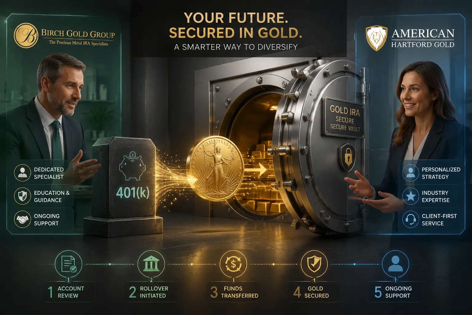 Gold IRA setup and rollover process — account review, rollover initiated, funds transferred, gold secured in vault, ongoing support