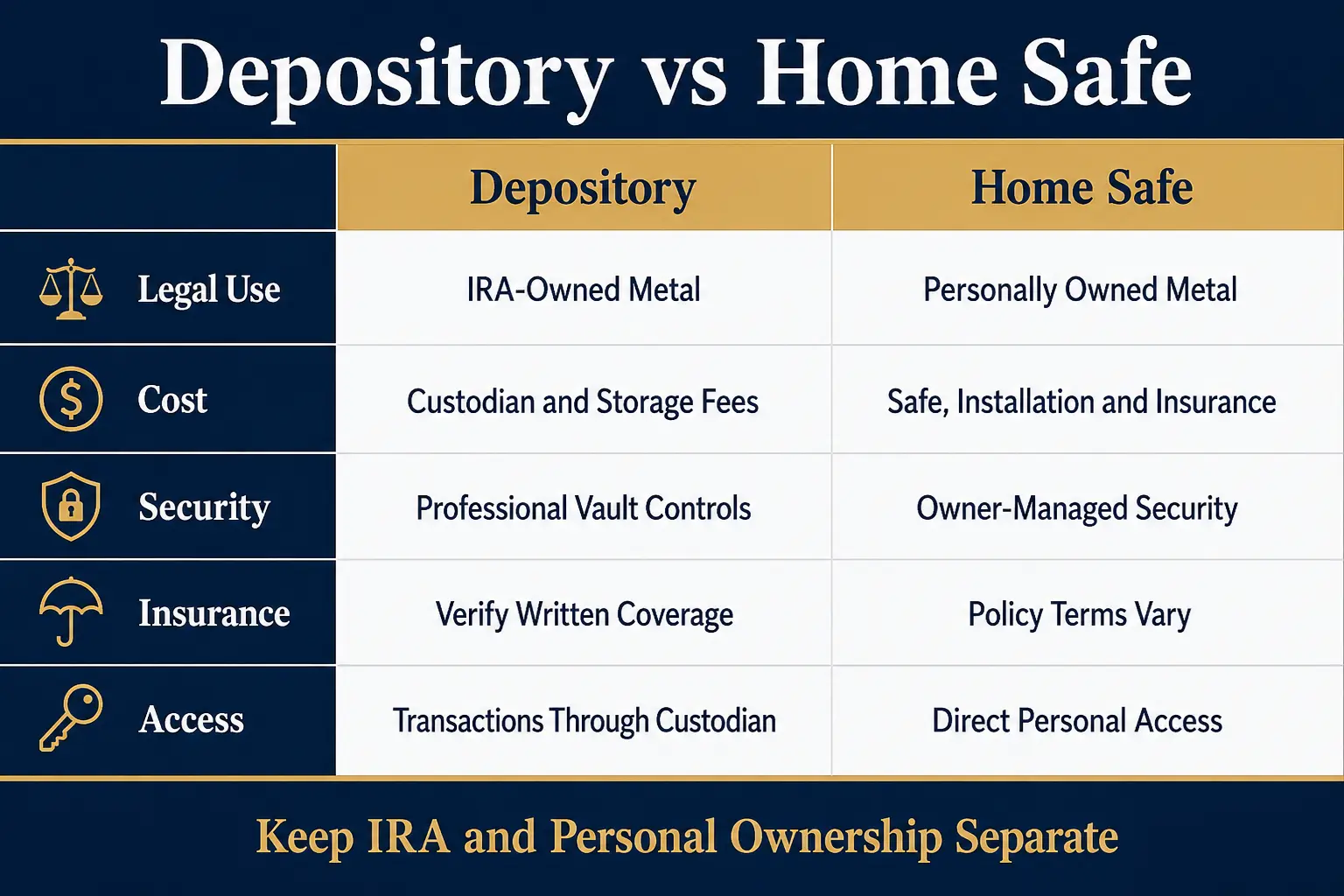 Depository vs home safe comparison across legal use, cost, security, insurance, and access: depository holds IRA-owned metal with custodian and storage fees, professional vault controls, written coverage, and transactions through the custodian; a home safe holds personally owned metal with owner-managed security and direct personal access