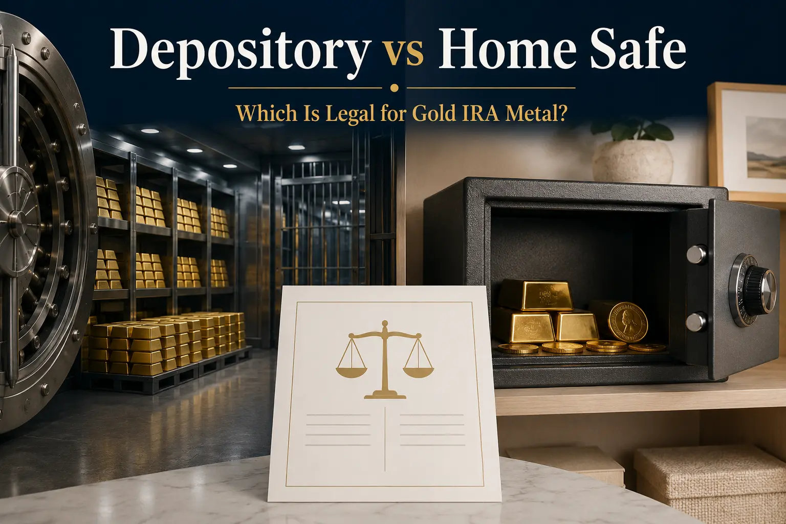 Split image: a secure institutional precious-metals vault with gold bars on the left, a residential home safe with personally owned bullion on the right, and a neutral legal-comparison document in the center