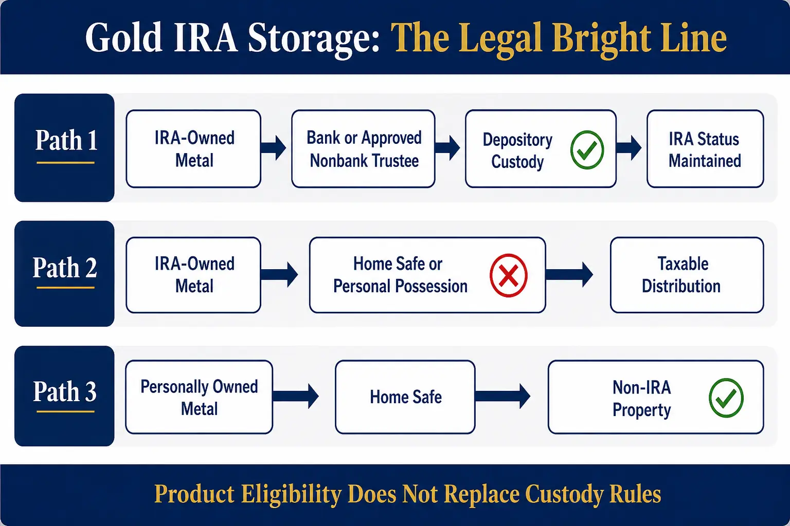 Gold IRA storage legal bright line: Path 1 IRA-owned metal to bank or approved nonbank trustee to depository custody keeps IRA status; Path 2 IRA-owned metal to home safe or personal possession is a taxable distribution; Path 3 personally owned metal to home safe is non-IRA property