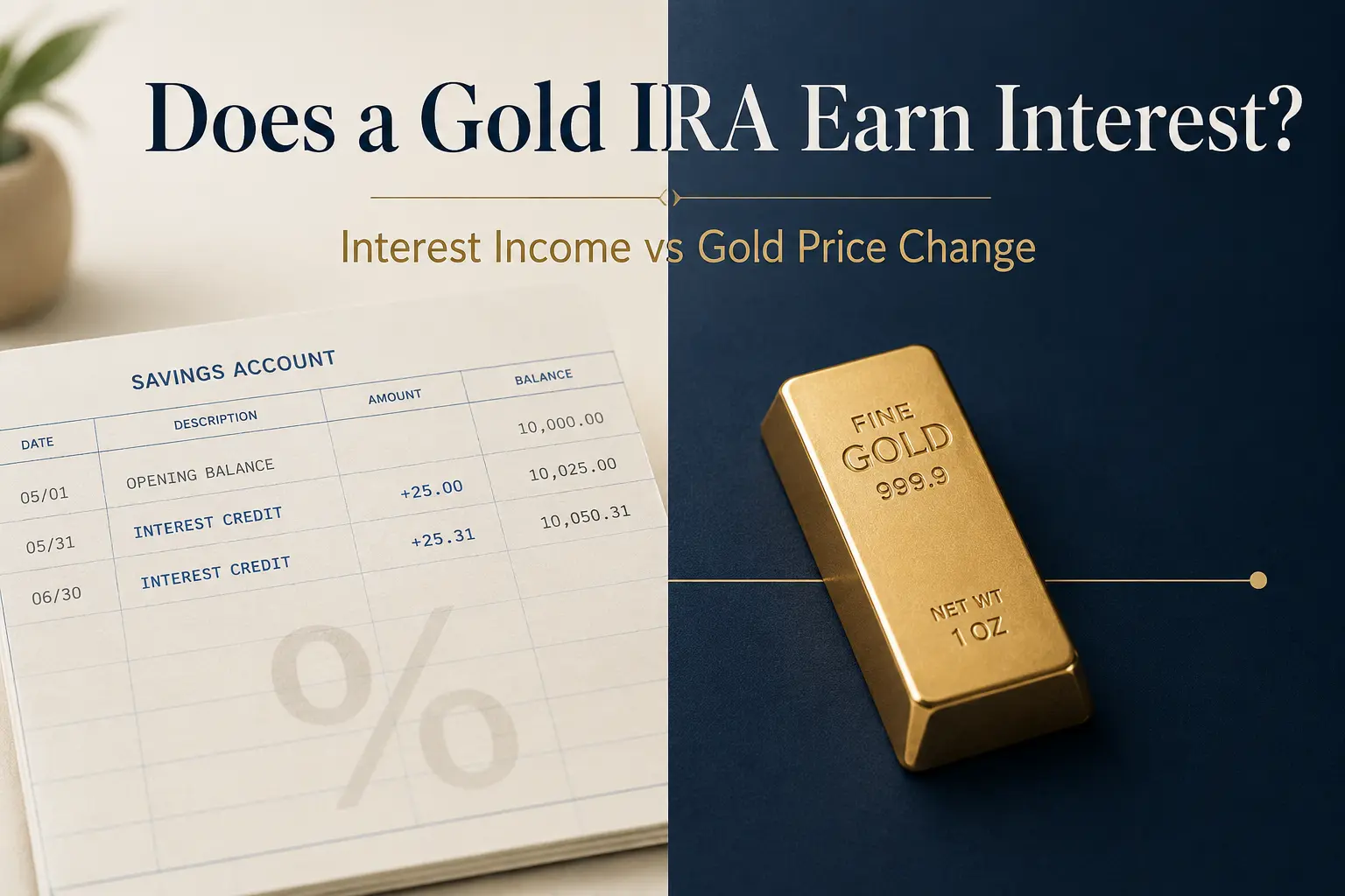 Split-concept image: a savings-account passbook showing credited interest on the left, and a single one-ounce fine-gold bar on the right, illustrating interest income versus a gold price change