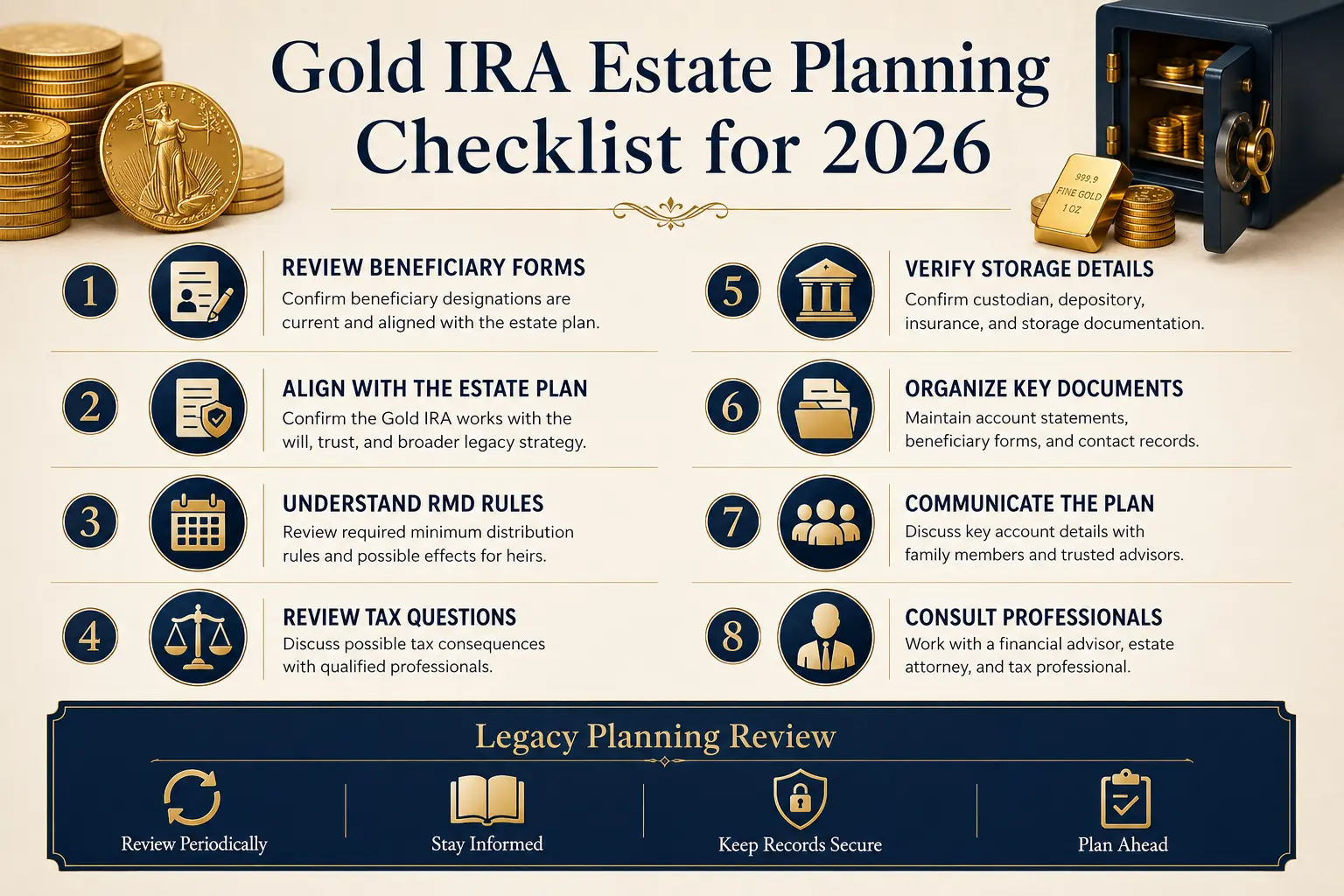 Gold IRA estate planning checklist: confirm beneficiary designations, align with the will and trust, review RMD rules, discuss tax consequences, verify custodian and storage records, and work with financial, legal, and tax professionals