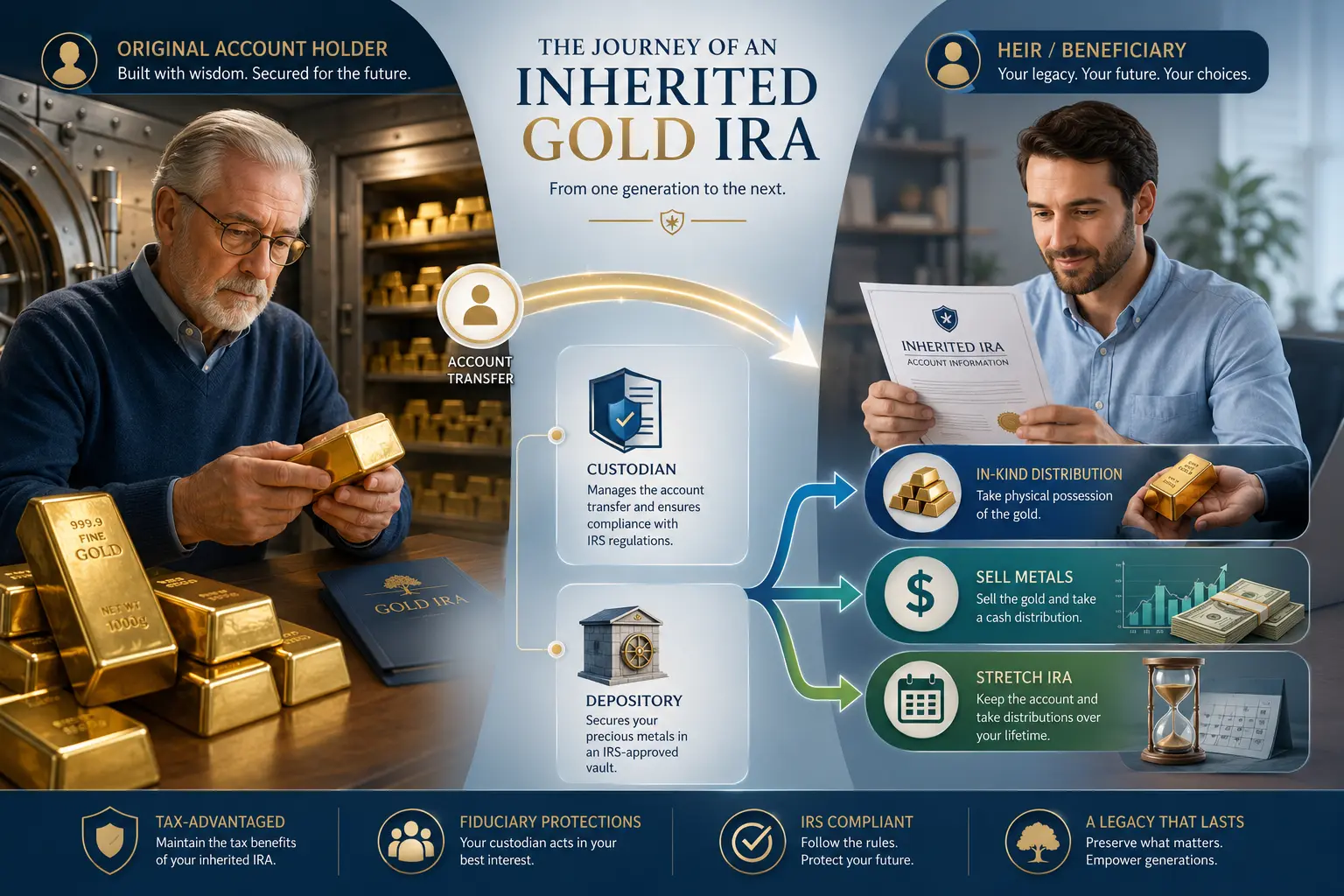 The journey of an inherited Gold IRA: account transfer through custodian and depository, then in-kind, sell-for-cash, or stretch distribution options for the heir