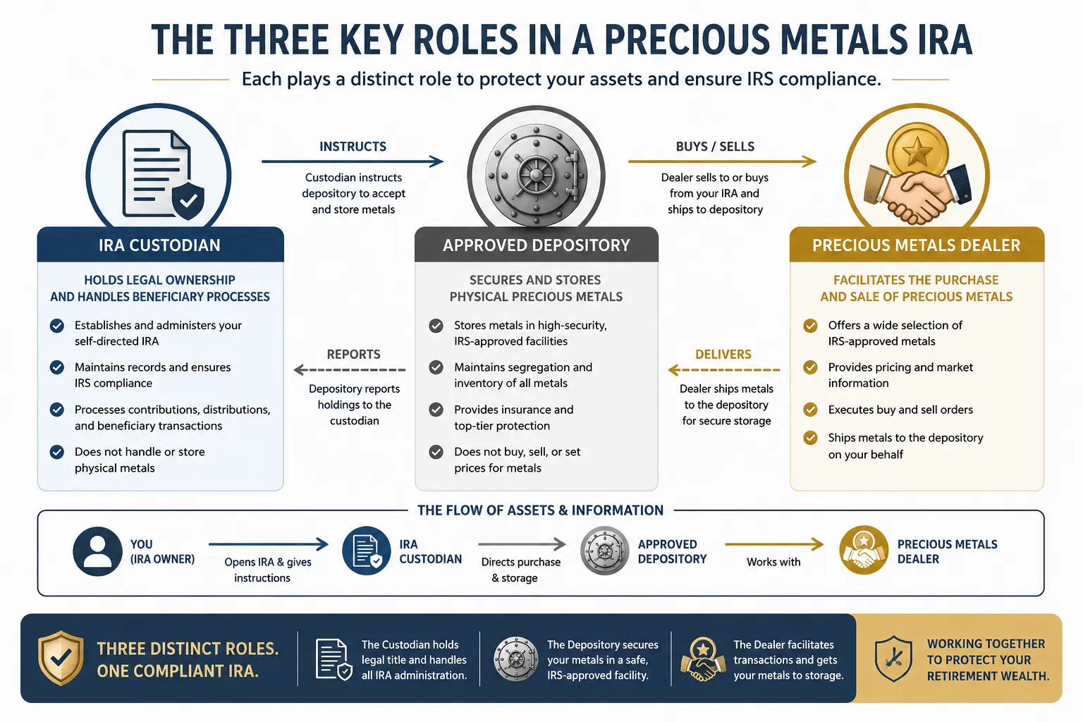 Three distinct roles behind an inherited Gold IRA: the custodian, the approved depository, and the precious metals dealer