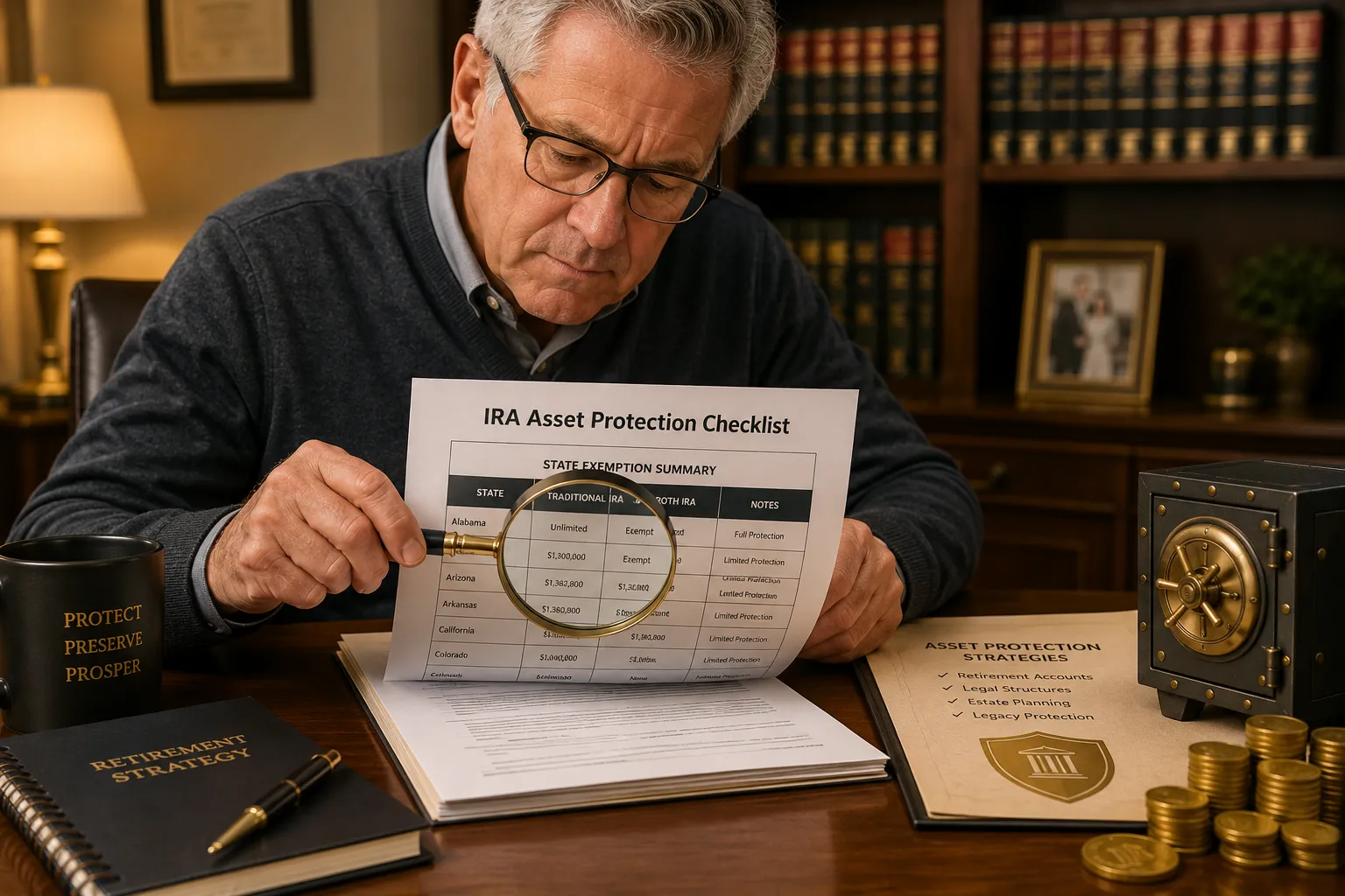 IRA Asset Protection Checklist — state exemption summary with Traditional IRA, Roth IRA, and notes columns for full protection vs limited protection states