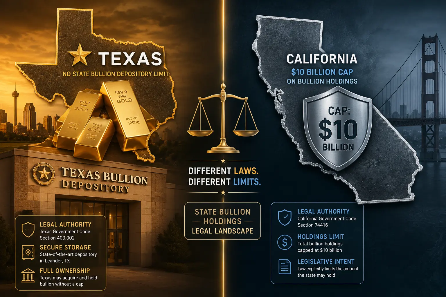 State bullion holdings legal landscape — Texas with no state bullion depository limit alongside California's $10 billion cap, showing different laws and different limits between full-protection and limited-protection states