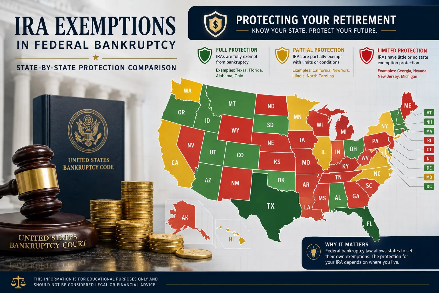 IRA Exemptions in Federal Bankruptcy — state-by-state protection comparison with full protection (Texas, Florida, Alabama, Ohio), partial protection (California, New York, Illinois, North Carolina), and limited protection (Georgia, Nevada, New Jersey, Michigan) tiers