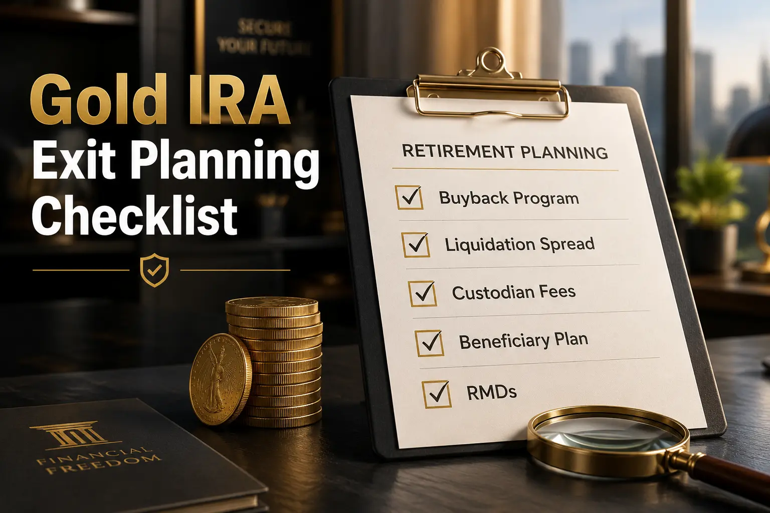 Gold IRA exit options including selling metals, in-kind distributions, RMD planning, transfers, and beneficiaries
