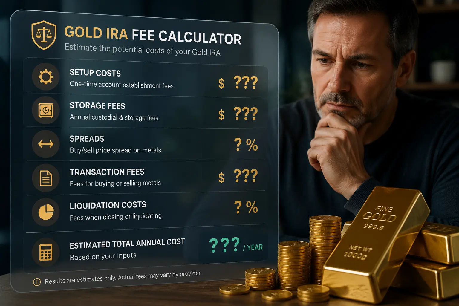Gold IRA fee calculator screen showing setup costs, storage fees, spreads, transaction fees, liquidation costs, and estimated annual cost