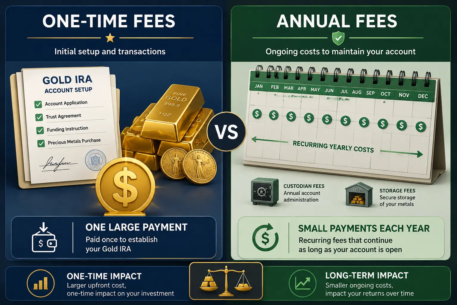 One-time Gold IRA fees versus annual fees comparison, showing setup costs and recurring custodian and storage fees