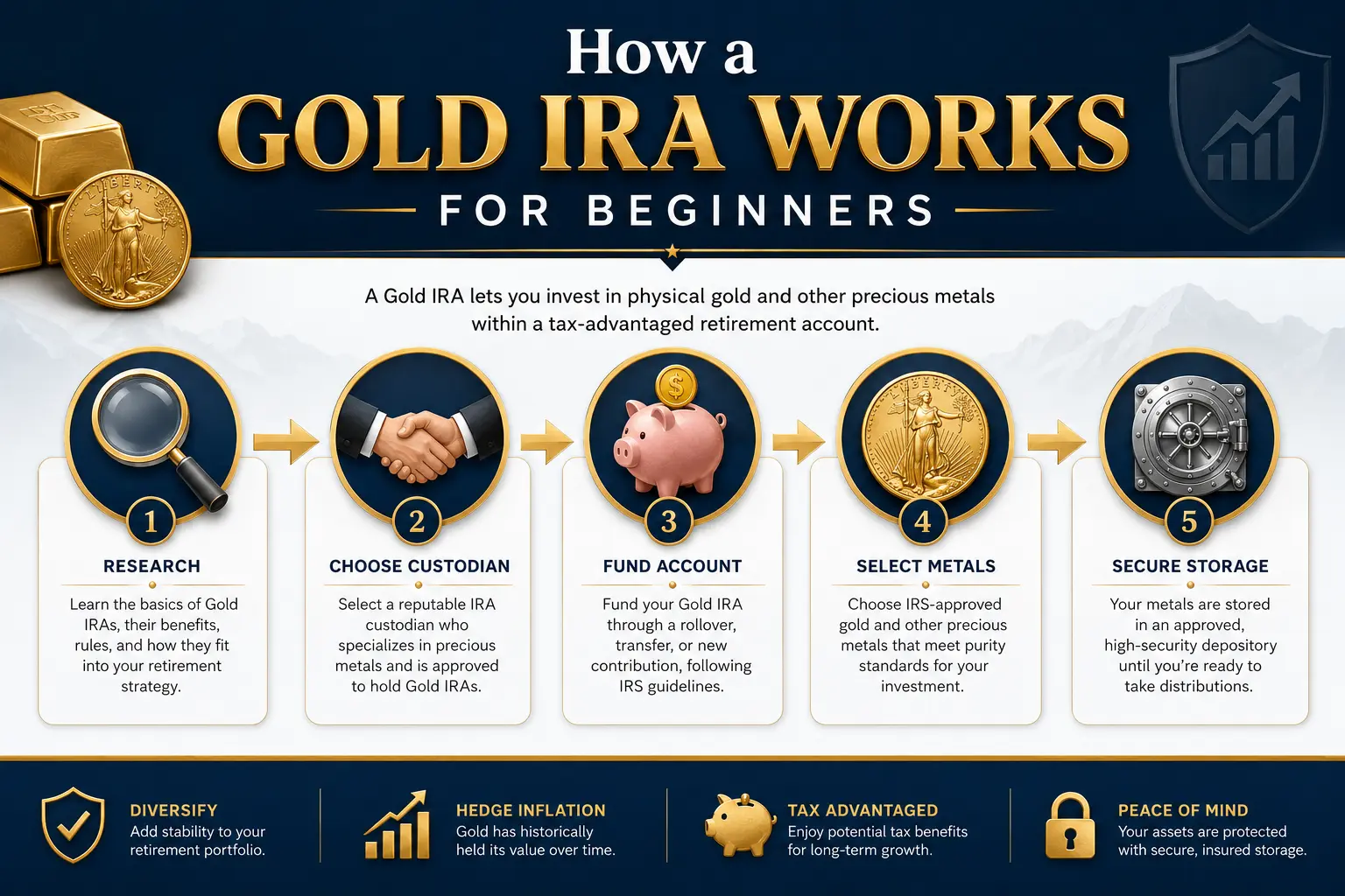 How a Gold IRA works for beginners: research, choose custodian, fund account, select metals, secure storage