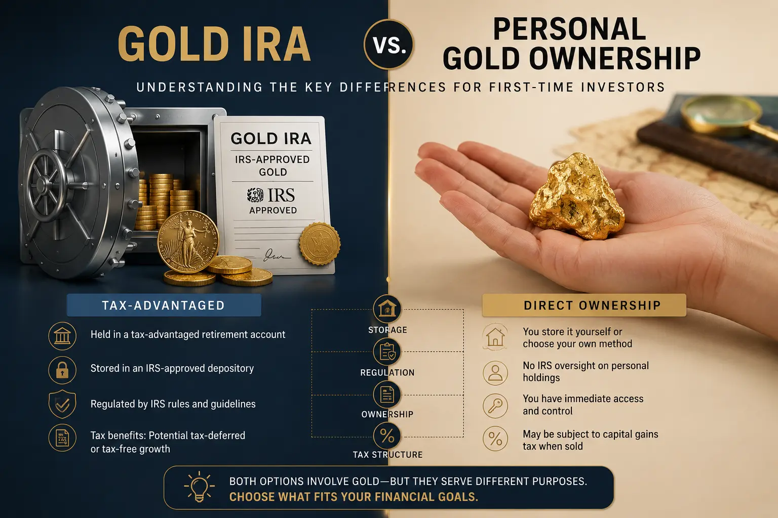 Gold IRA versus personal gold ownership key differences in storage, regulation, ownership, and tax structure