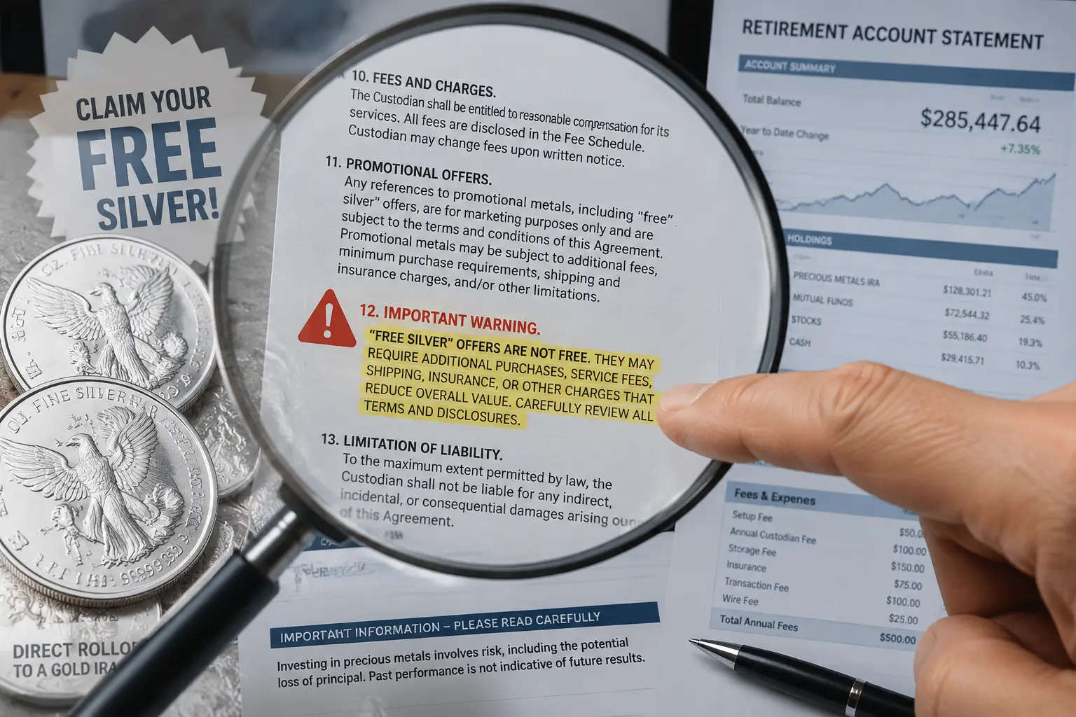 Free silver coins overlaid on the fine print of a dealer customer agreement