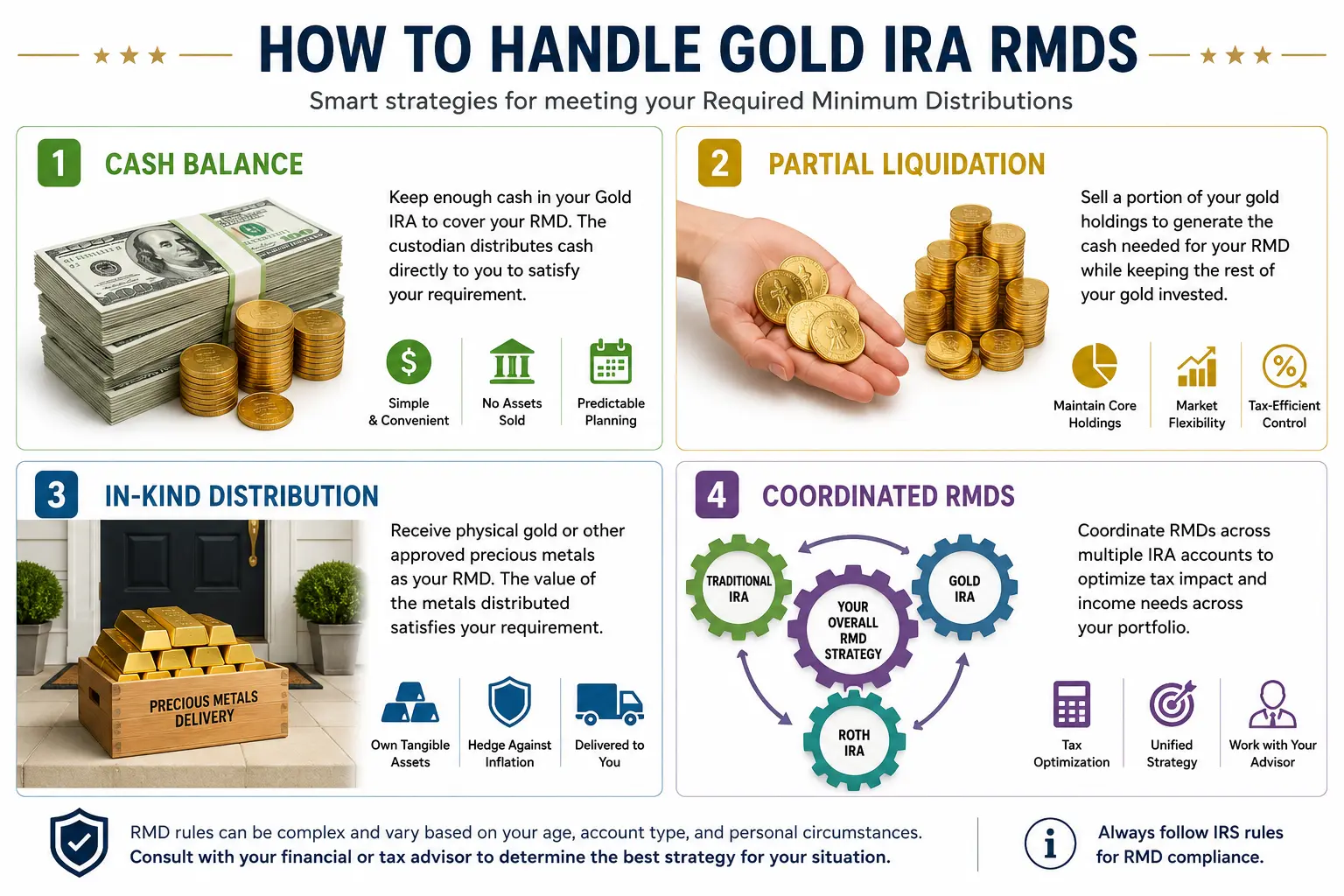 Ways to handle Gold IRA RMDs including cash reserves, partial liquidation, in-kind distribution, and multiple IRA coordination