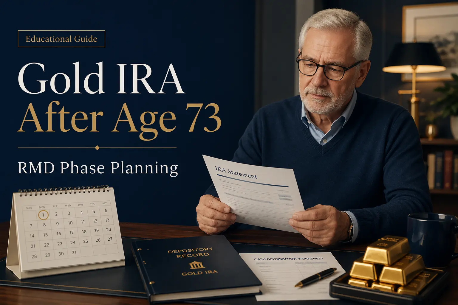 Gold IRA after age 73: a retired account holder reviewing an annual RMD plan with a calendar, IRA statement, depository record, gold bars, and a cash-distribution worksheet