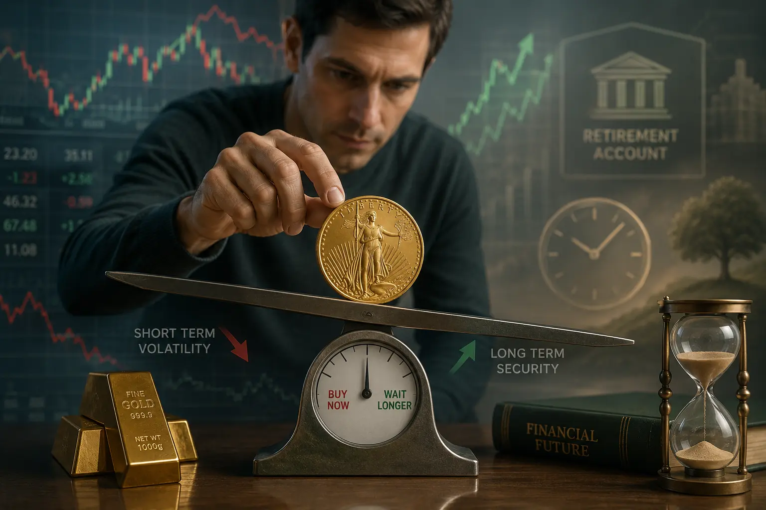 Person balancing a gold coin on a fluctuating scale between short-term volatility and long-term retirement planning