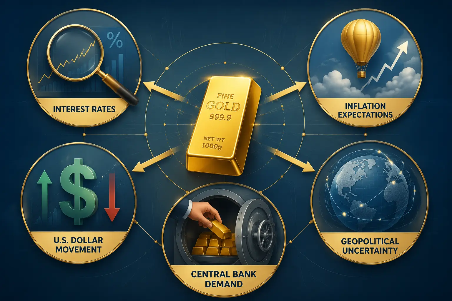 Factors influencing gold prices including interest rates, inflation expectations, U.S. dollar movement, central bank demand, and geopolitical uncertainty