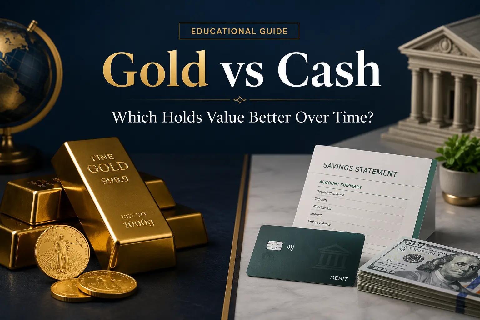 Gold vs cash: which holds value better over time — gold bars and coins beside a savings statement, debit card, and cash