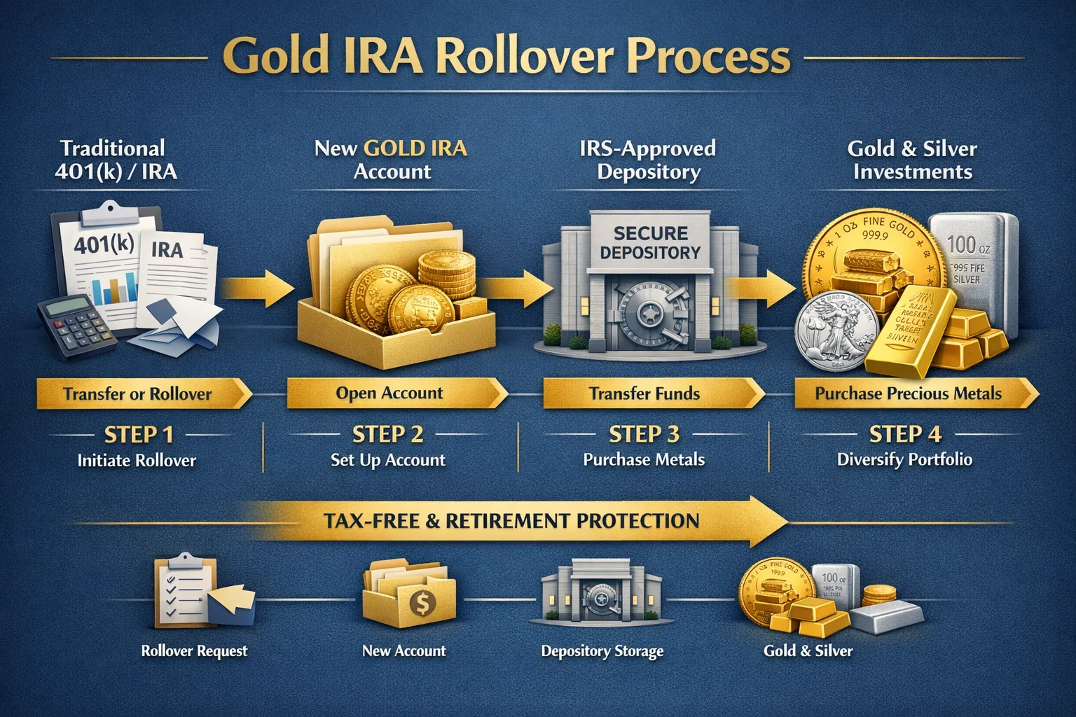 Gold IRA Rollover Process — four-step flow showing transfer or rollover from traditional 401(k) or IRA, opening a new Gold IRA account, transferring funds to a depository under the trustee's control, and purchasing precious metals