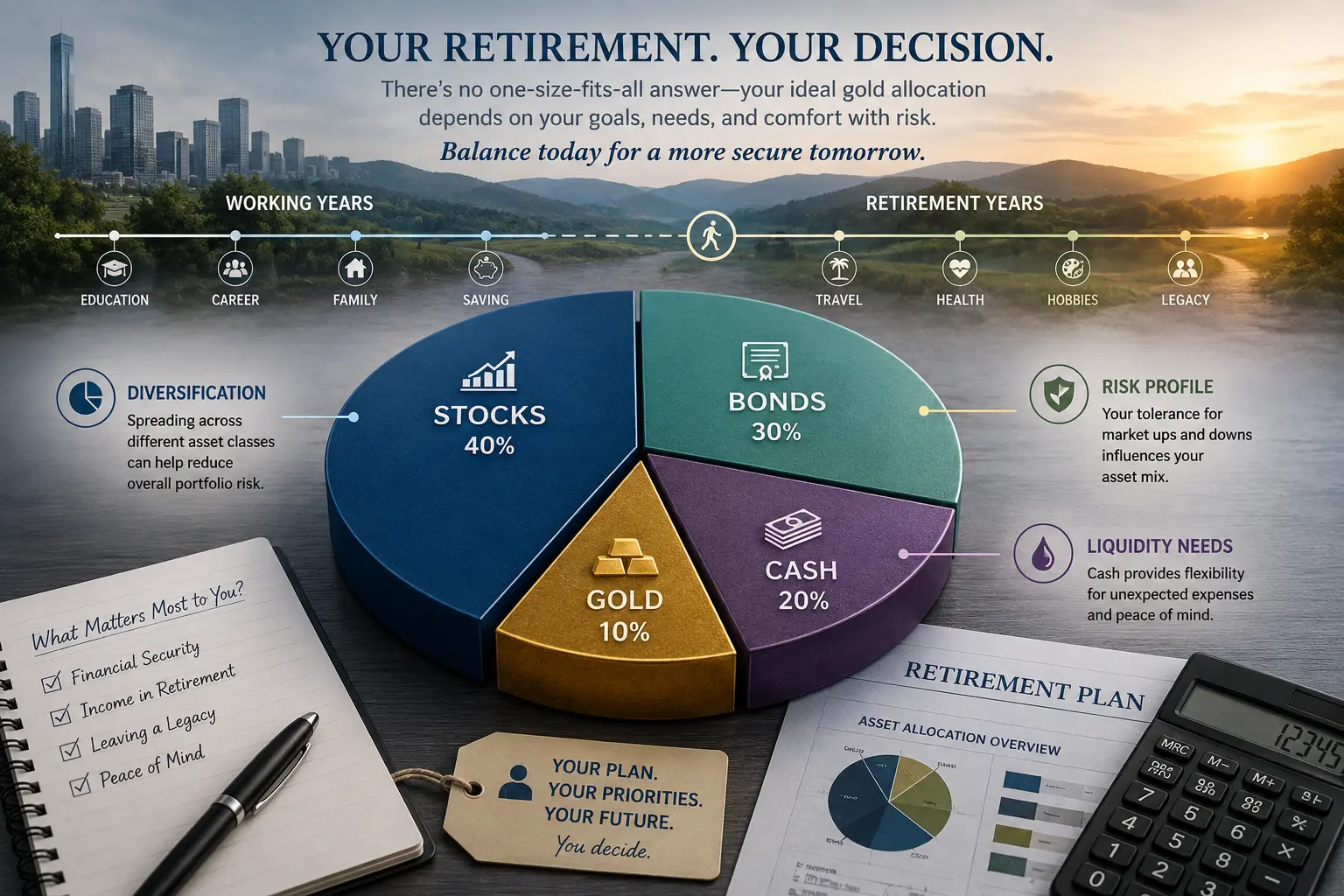 Diverse retirement portfolio pie chart showing gold as one part of a broader asset mix