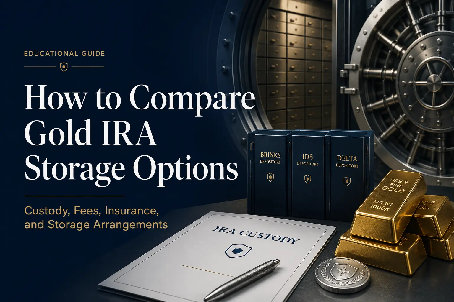 How to compare Gold IRA storage options: a high-security vault, labeled depository folders, IRA custody documents, and gold bars