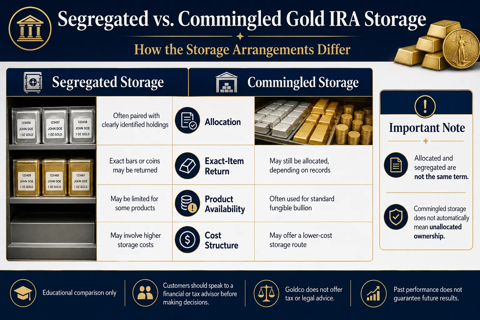 Segregated vs commingled Gold IRA storage: individually labeled holdings versus like-kind bullion stored together, compared on allocation, exact-item return, product availability, and cost