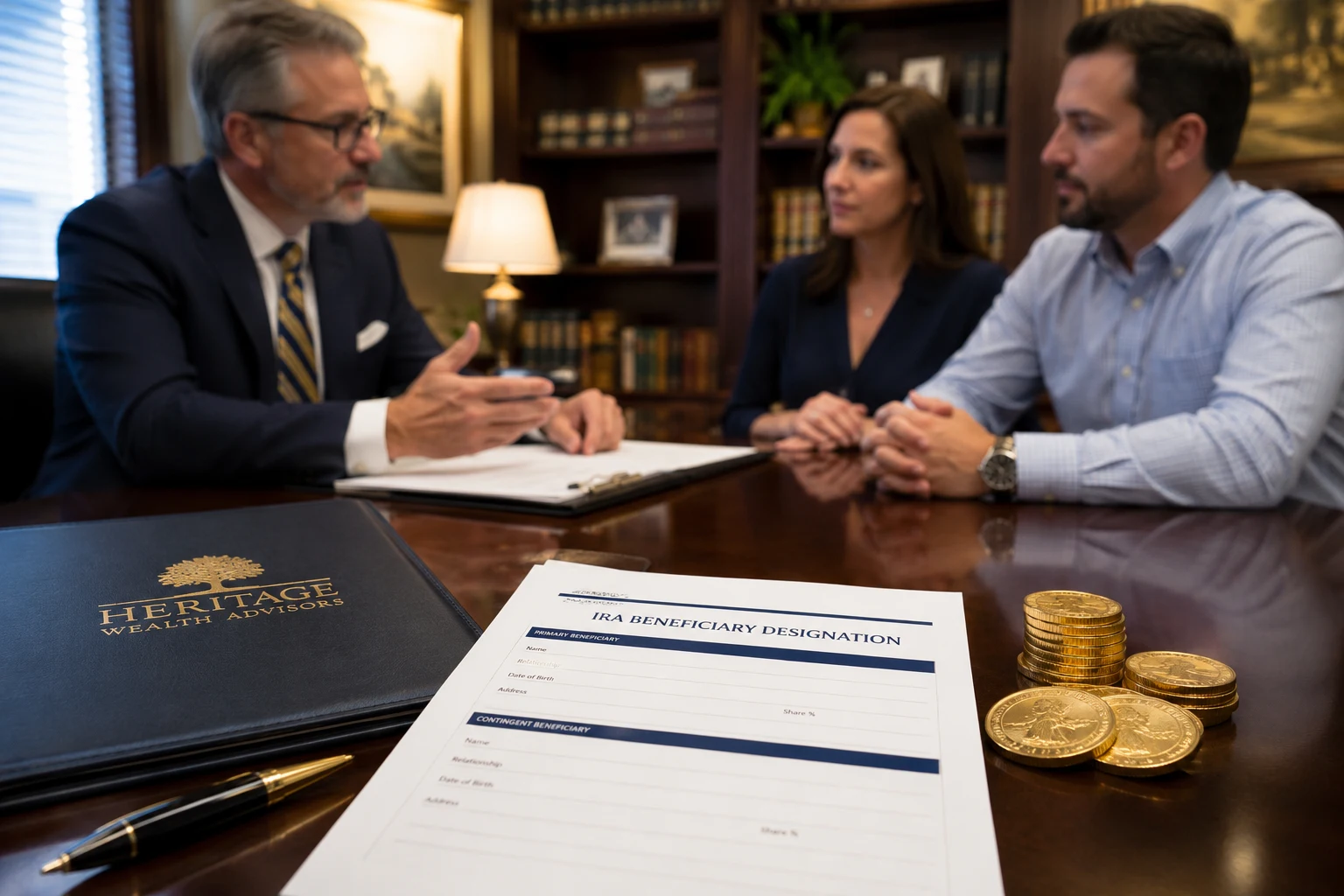 Wealth advisor consultation with a couple reviewing IRA beneficiary designation form including primary and contingent beneficiaries