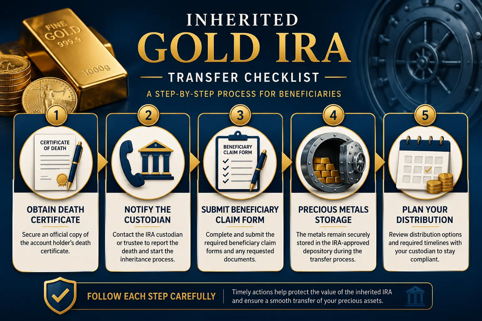 Inherited Gold IRA transfer checklist — five-step process for beneficiaries: obtain death certificate, notify the custodian, submit beneficiary claim form, precious metals storage, plan your distribution