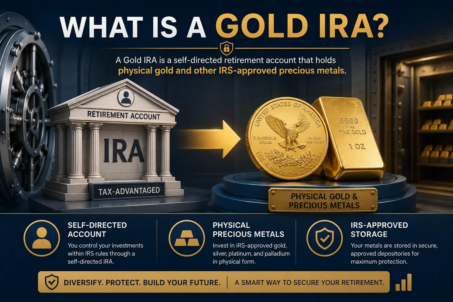 What a Gold IRA is: a self-directed IRA holding IRS-approved physical precious metals under custodian and depository rules