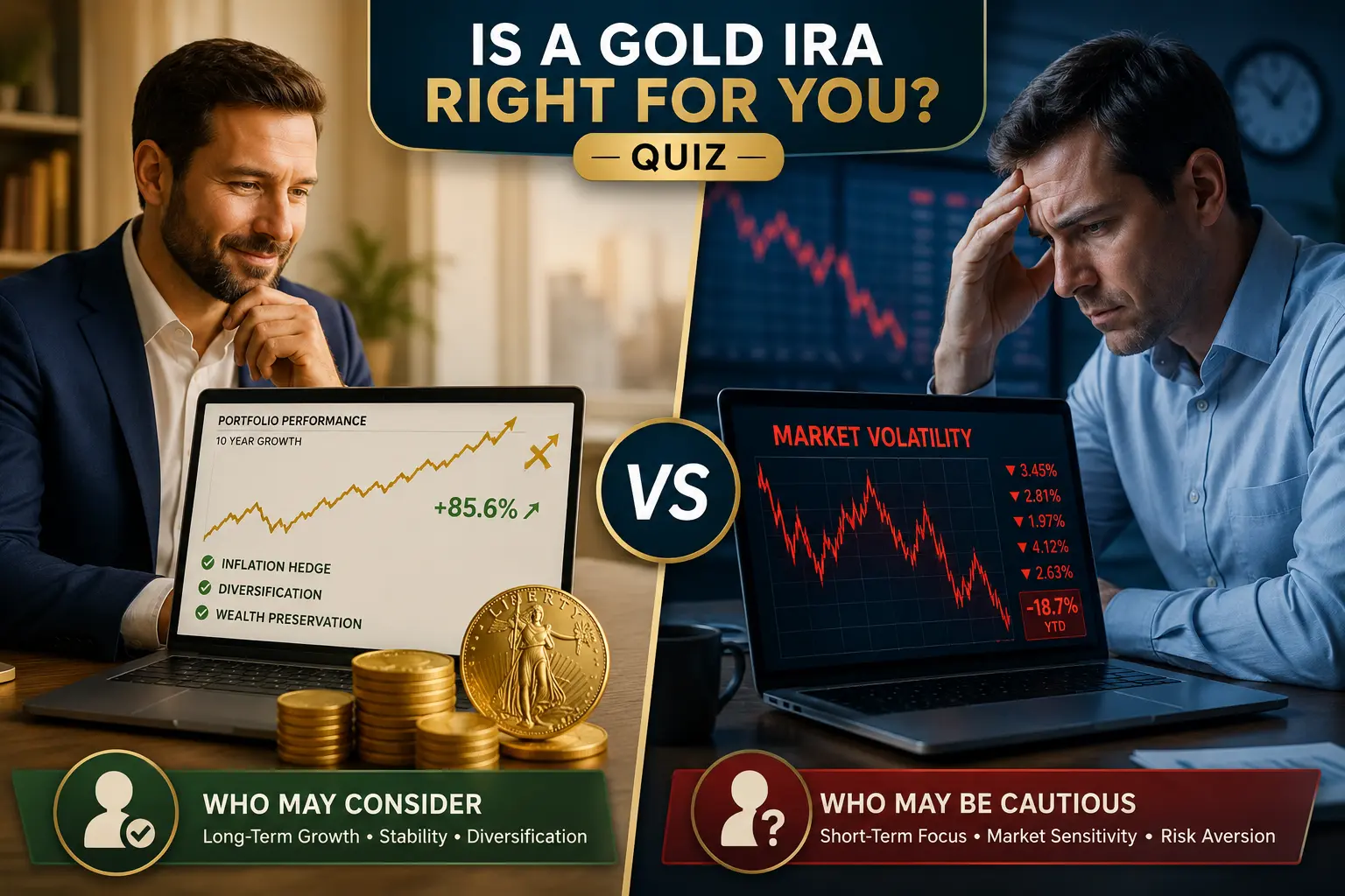 Who may consider a Gold IRA: investors with a long horizon, adequate cash reserves, moderate risk tolerance, and interest in diversification