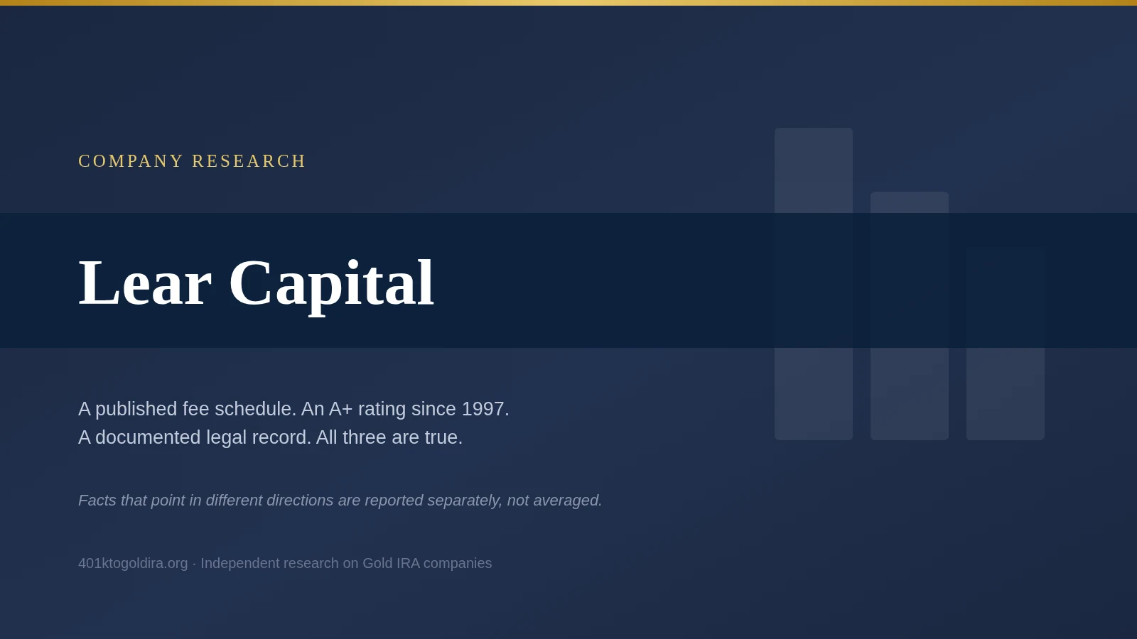 Lear Capital company research: the company publishes a full Gold IRA fee schedule which most competitors do not, holds an A+ BBB rating with accreditation dating to 1997, and has a documented legal record including a New York Attorney General action, a multi-state regulatory resolution and a Chapter 11 filing, three facts that point in different directions and are reported separately rather than averaged into a verdict