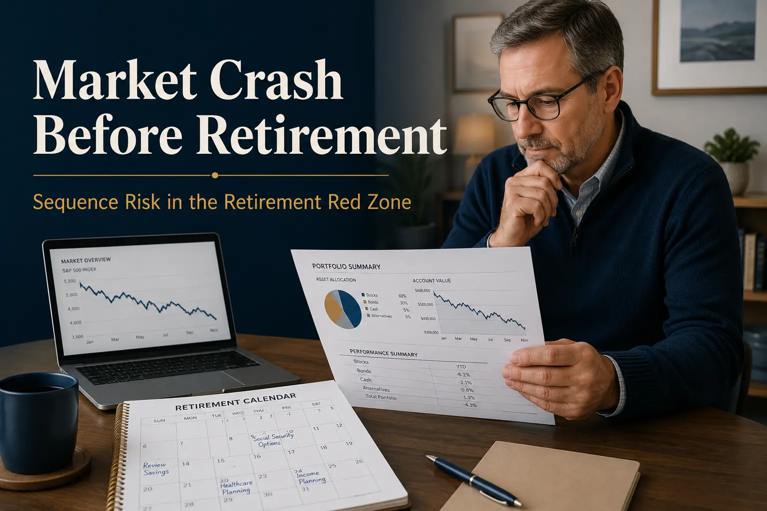 A pre-retiree at a home-office table reviewing a portfolio statement and a retirement calendar, with a laptop showing a downward market chart in the background