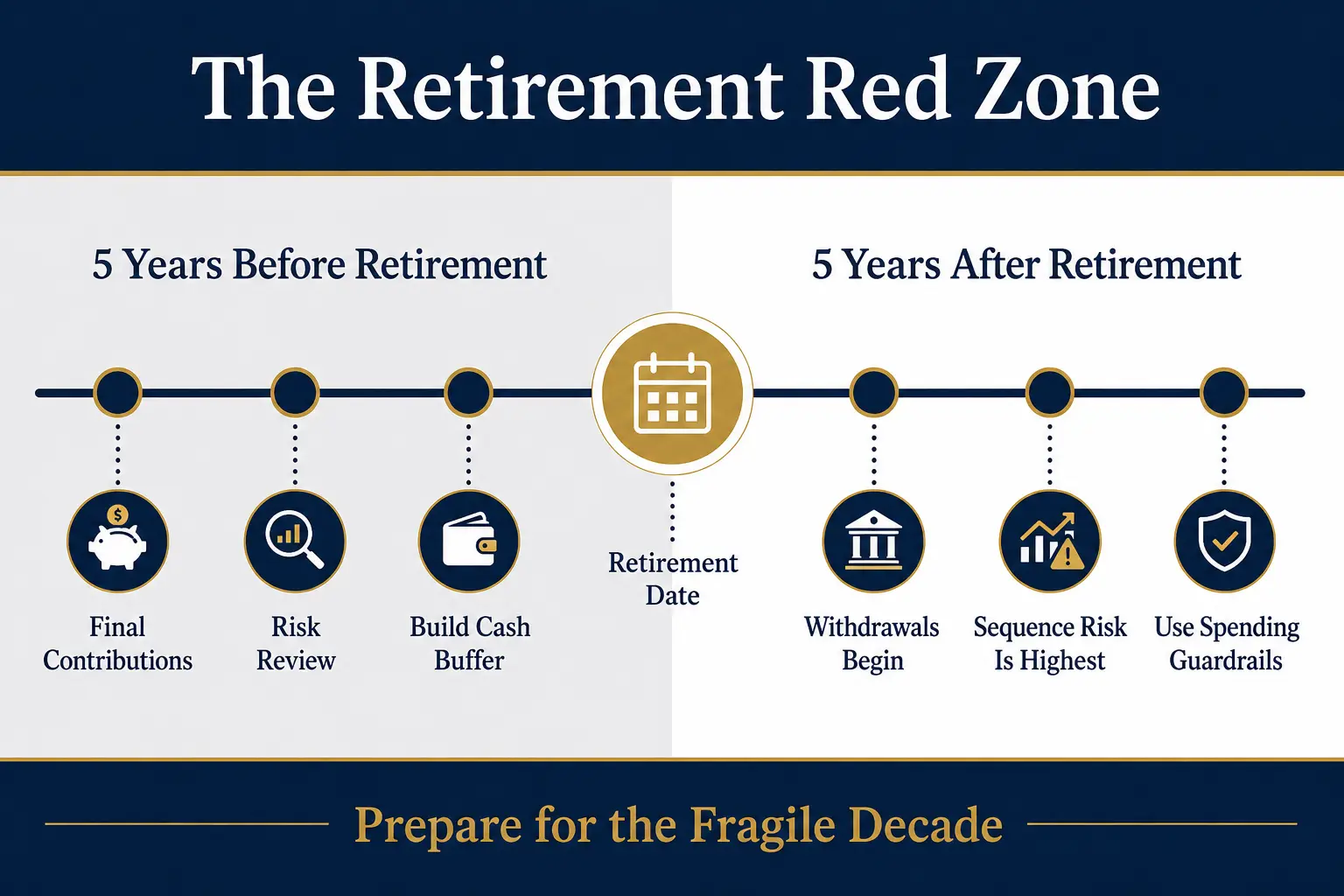 The retirement red zone timeline: five years before retirement (final contributions, risk review, build cash buffer), the retirement date in the center, and five years after retirement (withdrawals begin, sequence risk is highest, use spending guardrails), footer prepare for the fragile decade