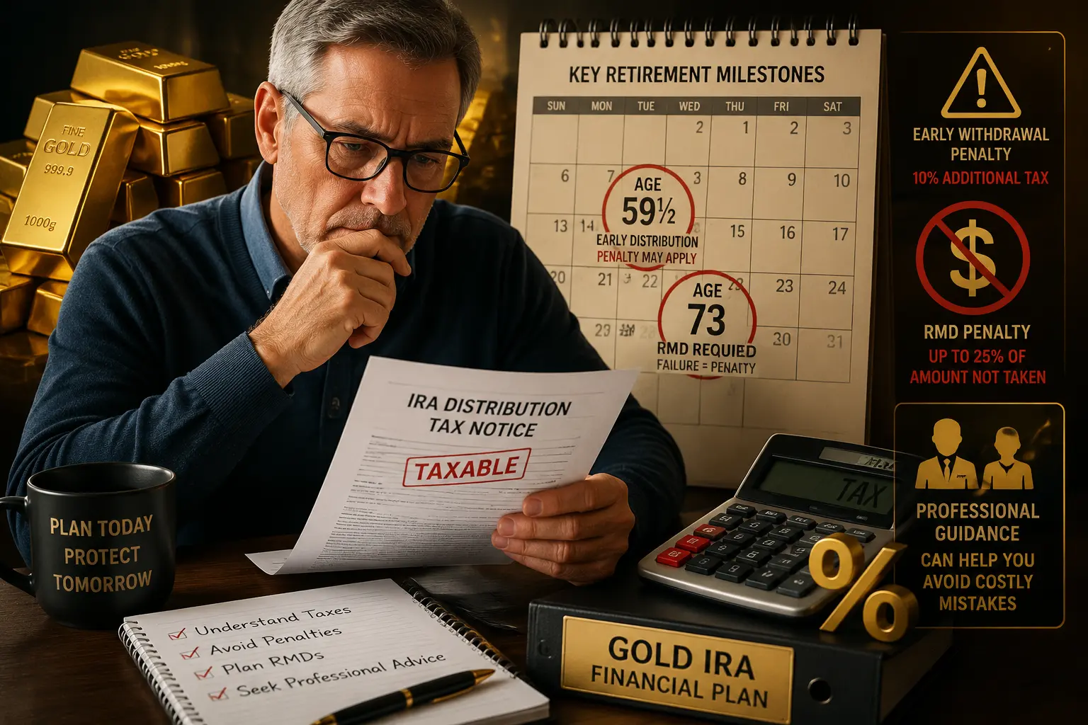 Reviewing tax documents: age 59½ early-distribution penalty, age 73 RMD requirement, and professional guidance