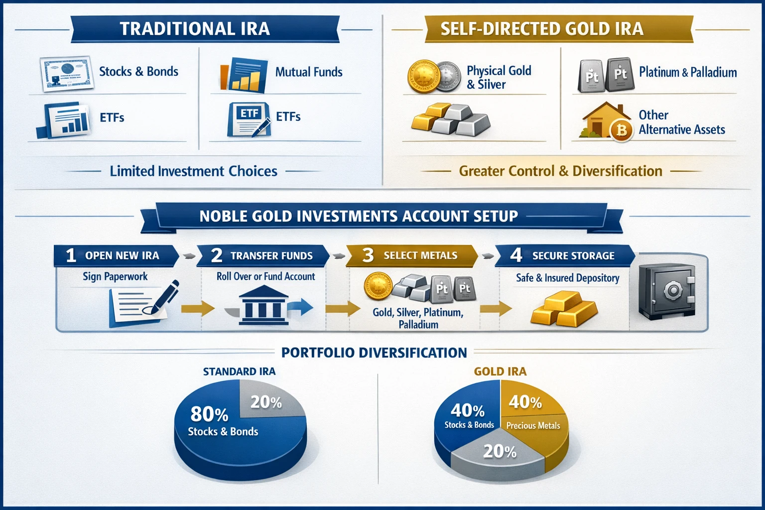Noble Gold Investments account setup process — open new IRA, transfer funds via rollover, select metals (gold, silver, platinum, palladium), and secure depository storage
