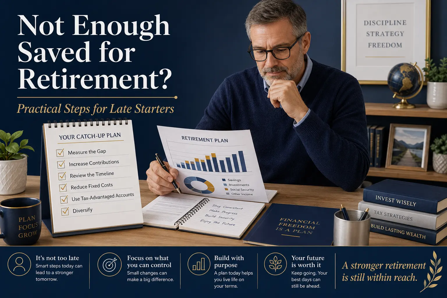 Not enough saved for retirement: a late-career saver reviewing a catch-up plan checklist at a desk with a retirement plan chart