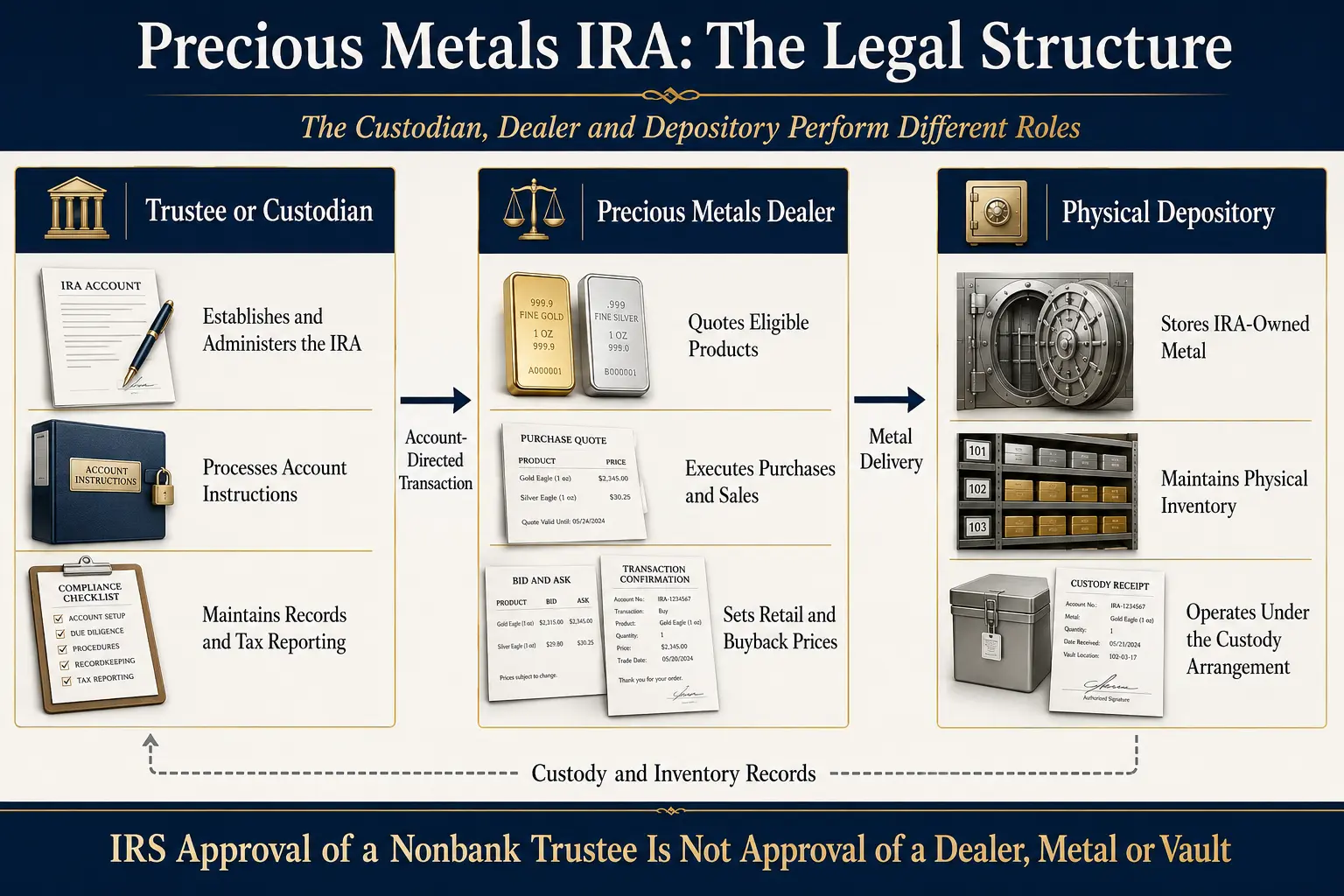 Precious Metals IRA legal structure diagram showing three separate parties: the trustee or custodian that establishes and administers the IRA, the precious metals dealer that quotes and executes purchases, and the physical depository that stores IRA-owned metal