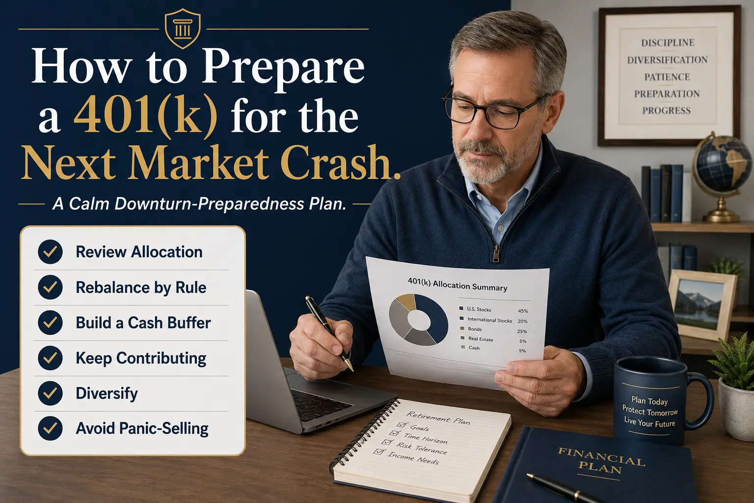 How to prepare a 401(k) for the next market crash: a near-retirement saver reviewing an allocation summary with a calm downturn-preparedness checklist